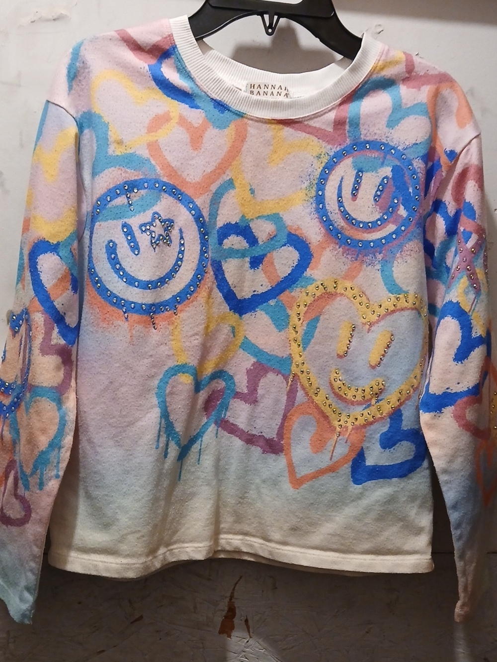 Hannah Banana Multicolor Pastel Heart & Smiley Sweatshirt with Rhinestones